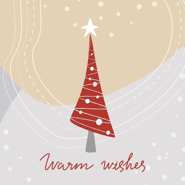 New Year greeting card in Scandinavian style with red fir tree, gift boxes and Warm wishes lettering. Christmas concept in red and silver on  abstract background. Vector illustration. - Vector, imagen