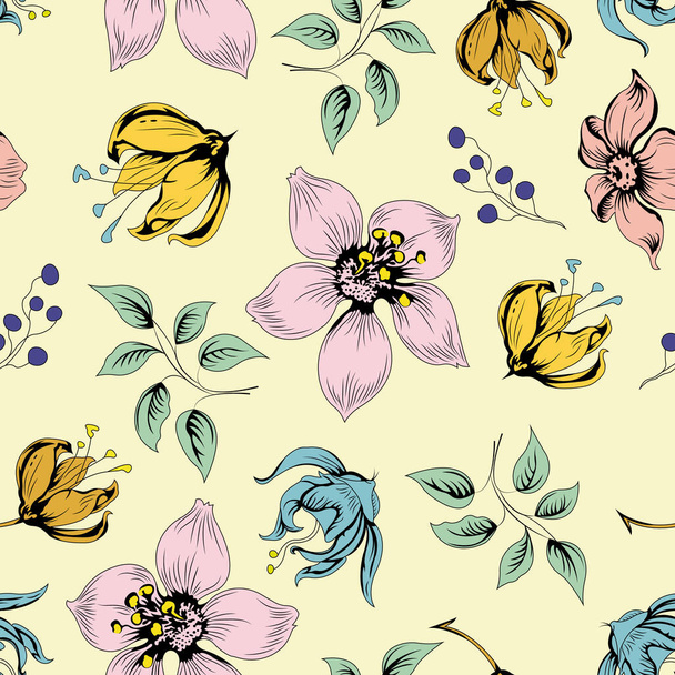 Seamless pattern with bright flowers on a gentle background. The design is suitable for textiles, factories, modern fashion, prints, prints, gift wrapping, summer print, wallpapers, websites. Vector - Vector, imagen