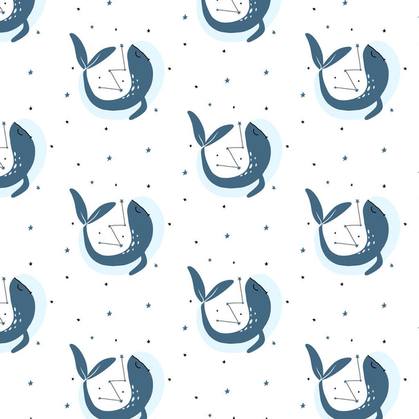 Vector seamless pattern with blue whale and constellation. Kids pattern with whale and stars. - Vektori, kuva