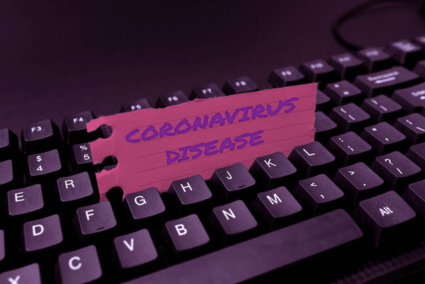 コロナウイルス病の兆候を示すインスピレーション。新規ウイルスによる疾患として定義された事業コンセプトSARSCoV2新製品キーコンセプトへの参入,映画字幕ソフトウェアの入力 - 写真・画像