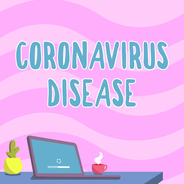Text caption presenting Coronavirus Disease. Concept meaning defined as illness caused by a novel virus SARSCoV2 Office Desk Drawing With Laptop Pen Holder And An Open And Arranged - Foto, Imagem