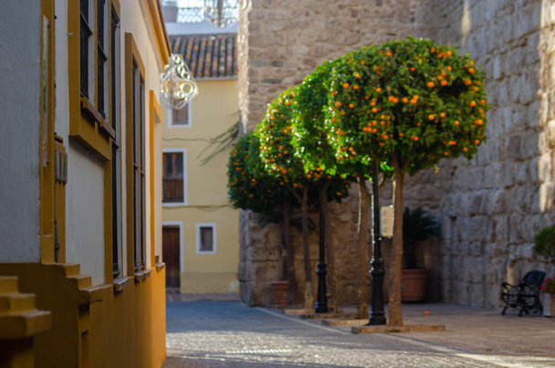 Bela rua estreita pitoresca com fachadas espanholas originais de edifícios, arquitetura típica da Espanha antiga - Foto, Imagem