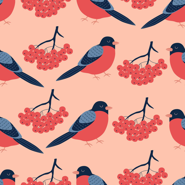 ブルフィンチとローワーベリーの手描きベクトルイラスト。愛らしい冬の鳥と赤い果実の枝。カラフルなシームレスパターン. - ベクター画像