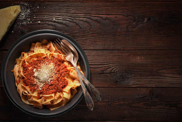 Pasta pappardelle with BOLOGNESE SAUCE with copy space - Photo, Image