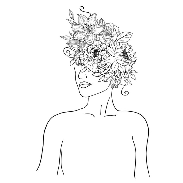Hand drawn woman figure with flowers in line art. Gentle silhouette young woman. Portrait abstract face. Vector illustration isolated on white background - Vektori, kuva