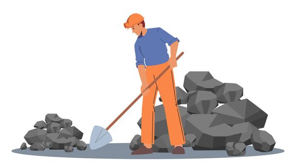 鉱物探査,炭鉱産業の概念,ヘルメットと作業ローブ掘削土壌の男性キャラクター化石を探索 - ベクター画像