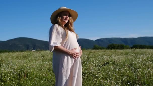 jovem bela mulher grávida desfrutar camomila campo - Filmagem, Vídeo