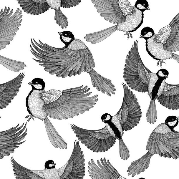   Seamless vector pattern with graphic linear birds tits black on white background - Vector, imagen