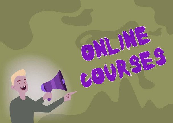Sign displaying Online Courses. Concept meaning earning an education that is conducted over the Internet Man Drawing Pointing Away Holding Megaphone Making New Announcement. - Photo, Image