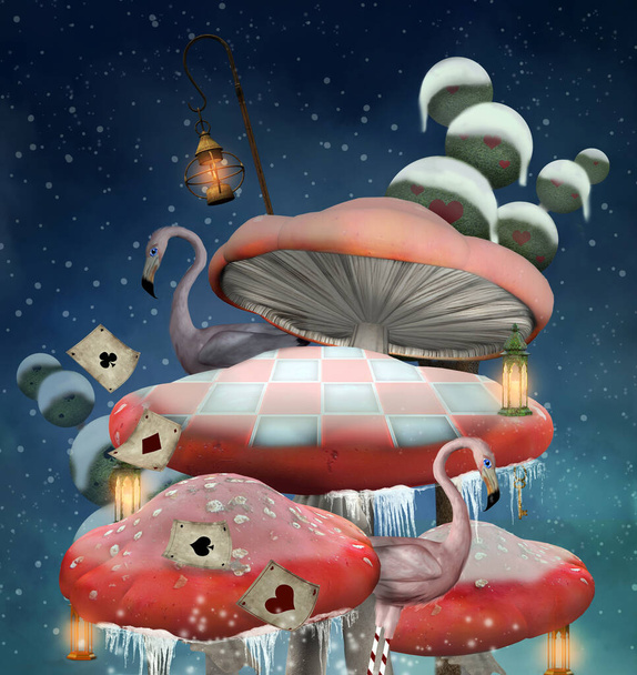 Kraina czarów scena śniegu z magicznymi czerwonymi grzybami, karty do gry i różowe flamingi - Zdjęcie, obraz