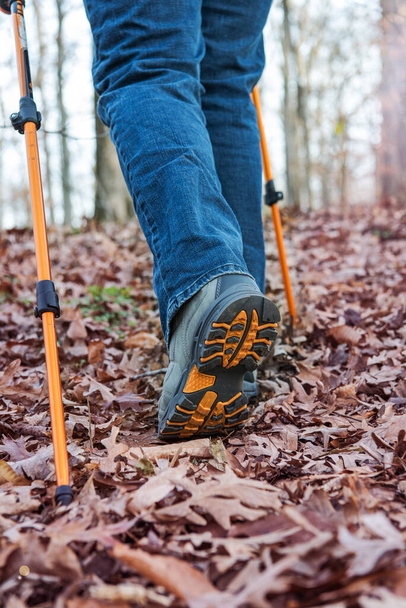 hiker - trekking boots and trekking poles close-up. tourist walking along a forest path through autumn foliage. travel concept. - Photo, Image