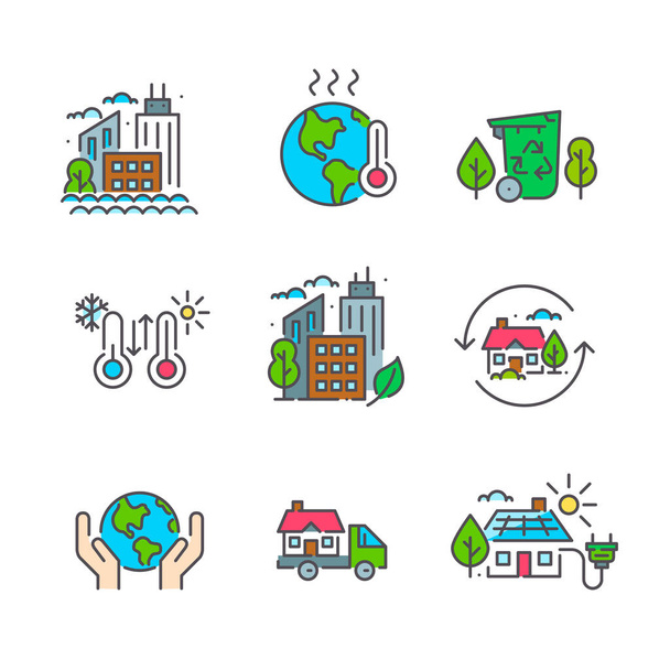 Global warming and sustainable city colorful icons set. Pixel perfect, editable stroke - Vector, Image