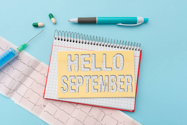 Sign displaying Hello September. Word Written on Eagerly wanting a warm welcome to the month of September Reading Graph And Writing Important Medical Notes Test Result Analysis - Foto, Imagem