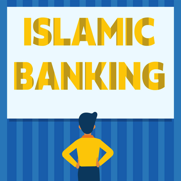 Κείμενο που δείχνει Ισλαμική Τραπεζική. Internet Concept Banking σύστημα βασισμένο στις αρχές του ισλαμικού νόμου Man Drawing Standing Hands N Hips Looking An Empty Whiteboard. - Φωτογραφία, εικόνα