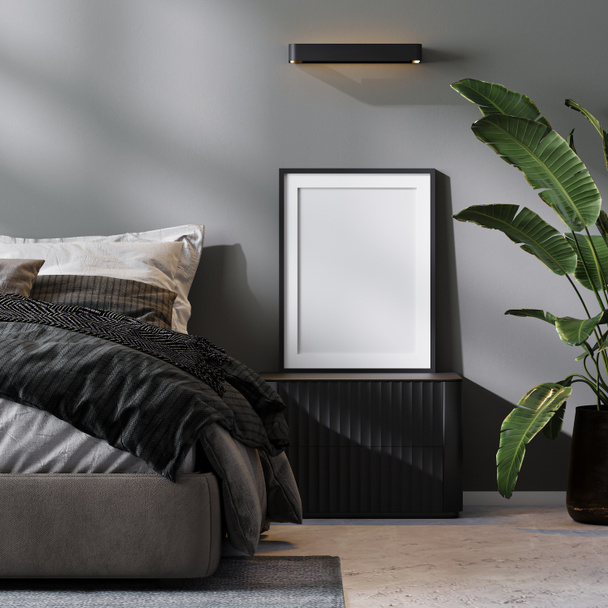 Paspaslı boş poster çerçevesi modern yatak odasının iç kısmında yatağın yanında gri tonlarda, 3D renkte. - Fotoğraf, Görsel