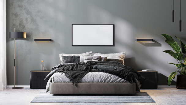 blank frame mock up in moderne slaapkamer interieur in grijze tinten, 3d rendering - Foto, afbeelding