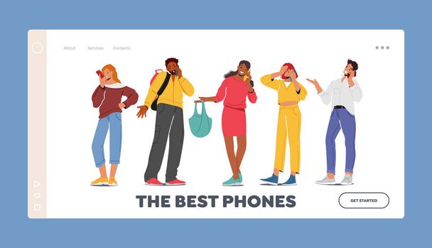 Personaggi con Phones Landing Page Template. Comunicazione Smartphone. Giovani uomini e donne in possesso di cellulari chat - Vettoriali, immagini
