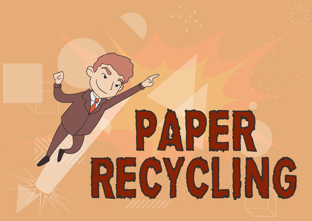 Handwriting text Paper Recycling. Business showcase Using the waste papers in a new way by recycling them Man Drawing In Uniform Standing Pointing Upward Displaying Leadership. - Photo, Image