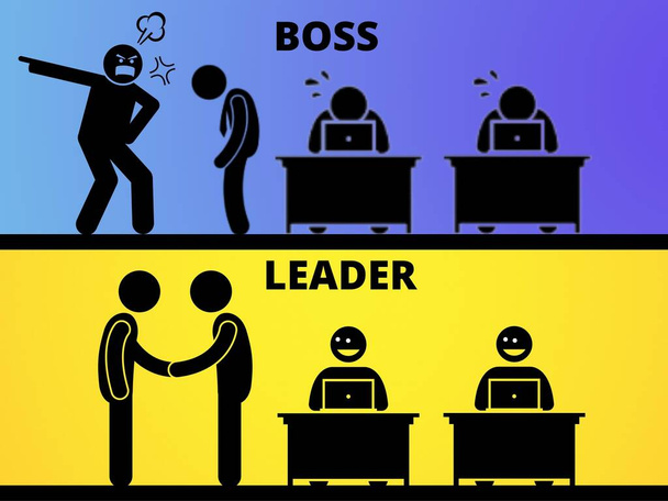 Illustration showing how bosses treating their staff as apposed to a leader. - Photo, Image