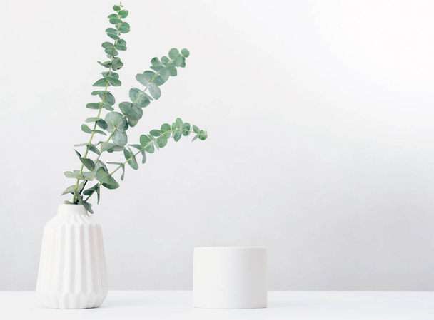 minimalny styl prezentacji podium lub cokołu do prezentacji produktu. biały wazon z liśćmi eukaliptusa. ekologiczny kosmetyk lub naturalna samopielęgnacja makieta - Zdjęcie, obraz