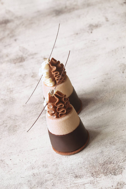 Double Chocolate Mini Mousse Cakes, βουτηγμένα σε σοκολάτα, γαρνιρισμένα με σαντιγί λευκό και κρέμα σοκολάτας γάλακτος, και κλαδιά σοκολάτας, σε ελαφρύ φόντο. - Φωτογραφία, εικόνα