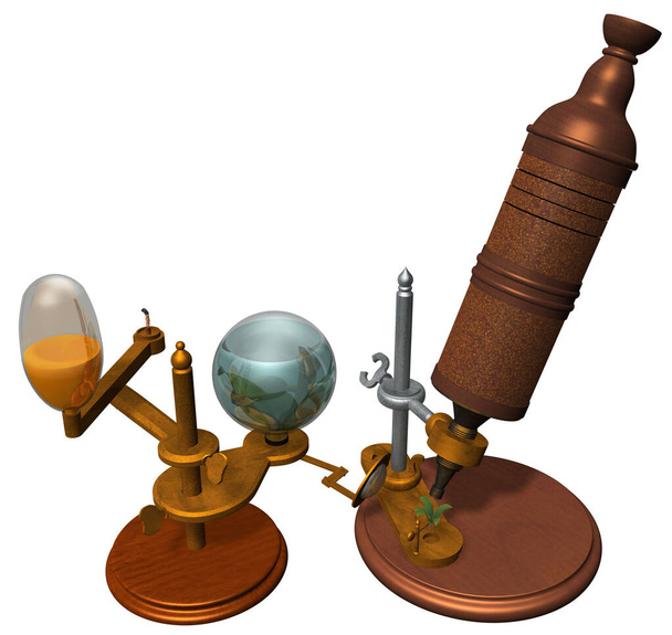 3D Rendering Illustration of a  Microscope designed and use by Robert Hooke in the middle of XVII century; with wooden bases and parts, mobile metal components, removable lenses, crystals & oil lamp. - Foto, Bild