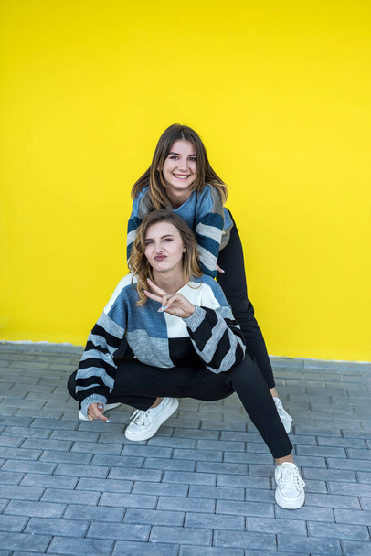 Módní přítelkyně nosit moderní pletený svetr pózovat na žluté zdi jako pozadí. - Fotografie, Obrázek