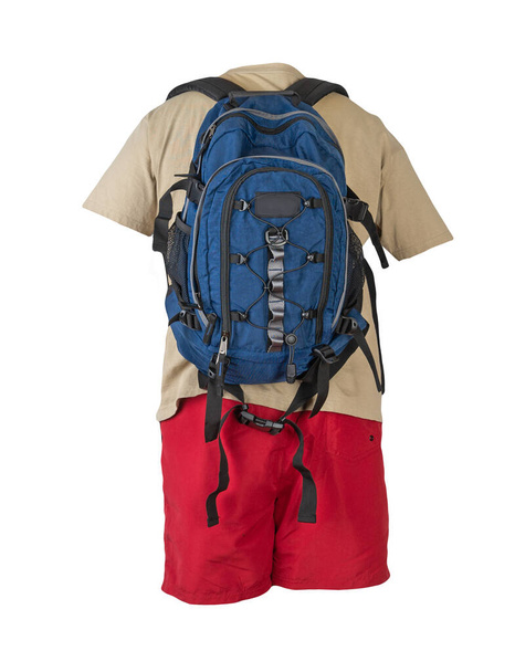 denim blue backpack,red sports shorts,beige t-shirt isolated on white foane. clothes for every day - Photo, image