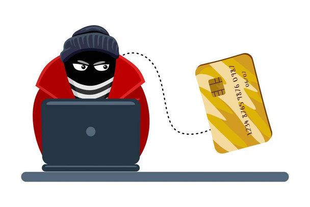 Fraude online. Un criminal, un ladrón con una máscara negra roba información personal de una computadora. El concepto de actividad de Internet o piratería de seguridad. vector de dibujos animados  - Vector, imagen