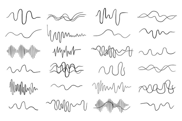 Definir ondas sonoras isoladas em fundo branco. Vários tipos de formas de música frequência de áudio, trilha sonora, forma de onda de linha de voz, formas de onda de amplitude, sinal de rádio eletrônico, nível de volume. Ilustração vetorial. - Vetor, Imagem