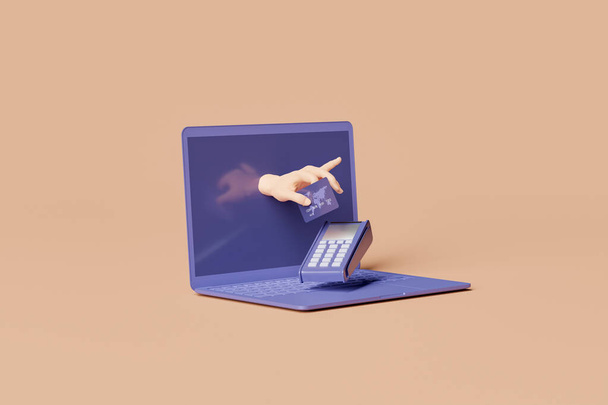 минимальный ноутбук с одной рукой, выходящей из экрана и оплатой кредитной картой в POS-терминале. Цвет года 2022 Очень Пери. 3d-рендеринг - Фото, изображение