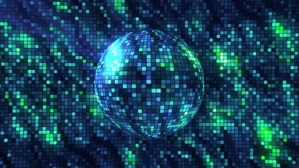 Ein Ball aus quadratischen Teilchen, der sich dreht und schimmert. Bewegung. 3D violett-grünes kugelförmiges Objekt, bedeckt von Disco-Tanzfliesen, die auf buntem Hintergrund rotieren. - Foto, Bild