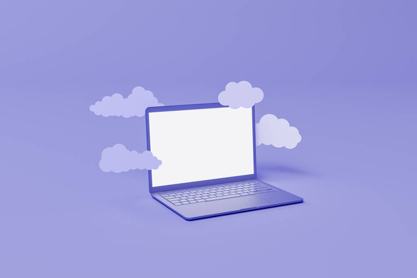 minimal laptop with flat clouds floating around. color of the year 2022 Very Peri. 3d rendering - Foto, immagini