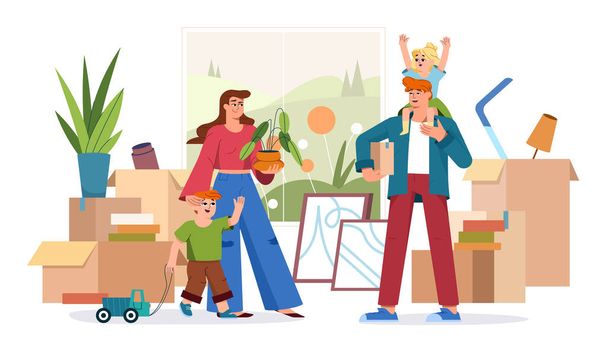 Flat happy family moving into new house - Vector, Image