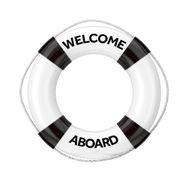 White Life Buoy з Welcome Aboard Sign на білому тлі. 3D рендерингу
  - Фото, зображення