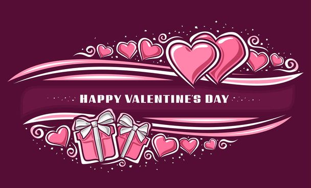 Vector Valentine's Day Card with copy space, horizontal template with illustration of pair outline hearts, 2 cartoon gift boxes, decorative flourishes, unique lettering for words happy valentines day - Vector, Image