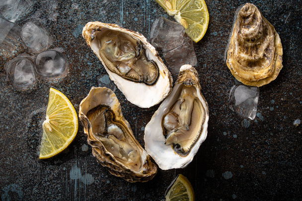 Fresh open oysters top view with lemon wedges and ice - Foto, afbeelding