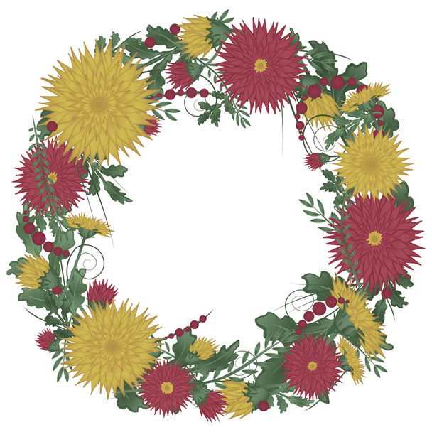 Floral round wreath frame with chrysanthemums. Red and Yellow garland - Wektor, obraz