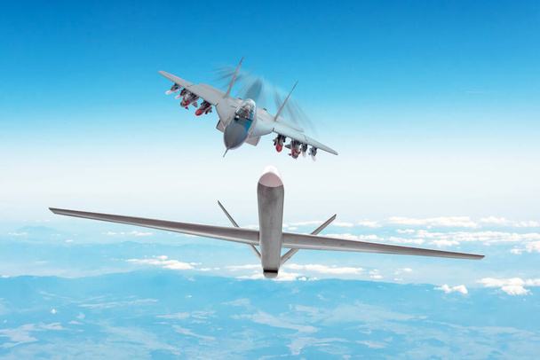 Combate de combate que persigue al dron objetivo - uav no tripulado dron militar. Conflicto, guerra. Fuerzas aeroespaciales - Foto, Imagen