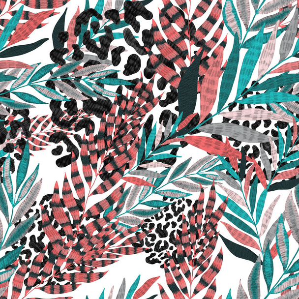 Moderne abstrakte, nahtlose Muster mit kreativen bunten tropischen Blättern und Leopardenflecken. Retro hellen Sommer Hintergrund. Jungle Laub Illustration. Botanisches Design für Badebekleidung. Exotischer Vintage-Druck. - Foto, Bild