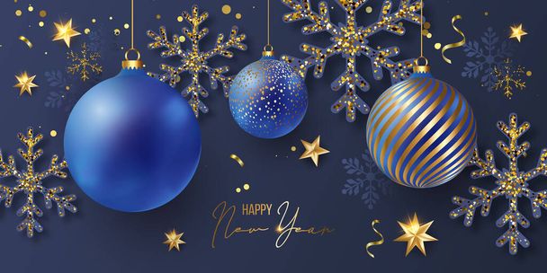 2022 set of Luxury Elegant Merry Christmas and happy new year Poster Template cards, Gold Snowflakes and balls on blue background. Vector illustration. Snowflake frame and sparkles. Gold christmas balls. - Vettoriali, immagini