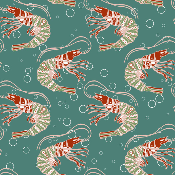 Bezešvé vzory, potisk, kreslené stylizované krevety v tyrkysové vodě s bublinkami. Podmořský život. Design pro textil, obaly, papír, tapety. - Vektor, obrázek