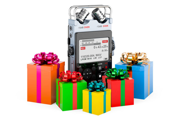 Digital voice recorder with gift boxes, 3D rendering isolated on white background - Photo, Image