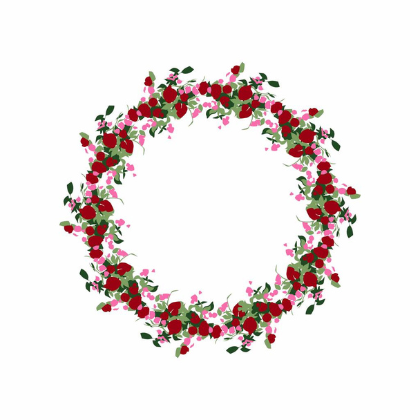 Floral hoop wreath abstraction roses red foliage. - Zdjęcie, obraz