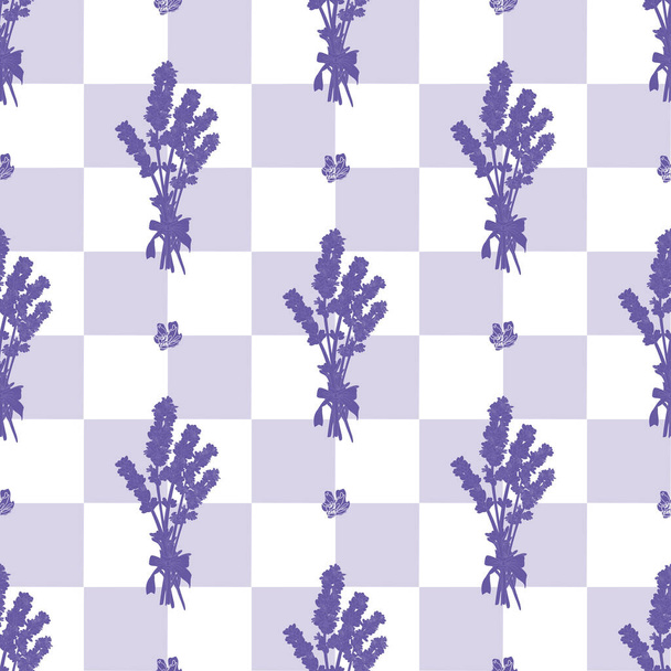 Vector seamless pattern with a bouquet of lavender and a cage - Vector, imagen
