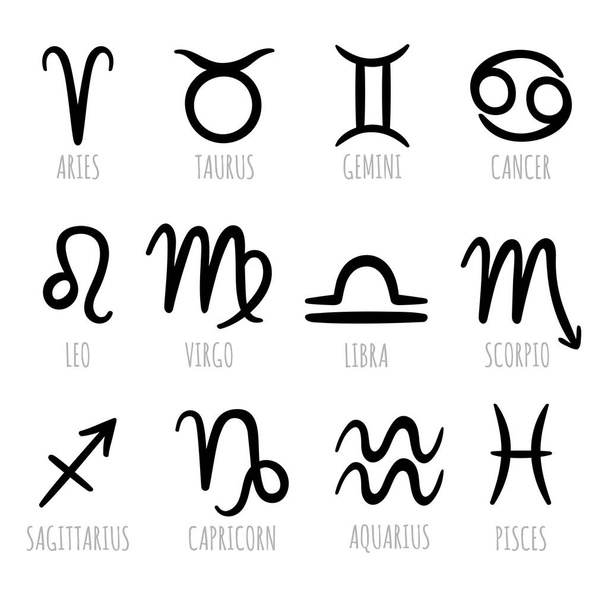 Conjunto de signos do zodíaco desenhados à mão. Símbolos místicos astrológicos, ícones. Horóscopo. Coleção de calendário. Ilustração vetorial - Vetor, Imagem