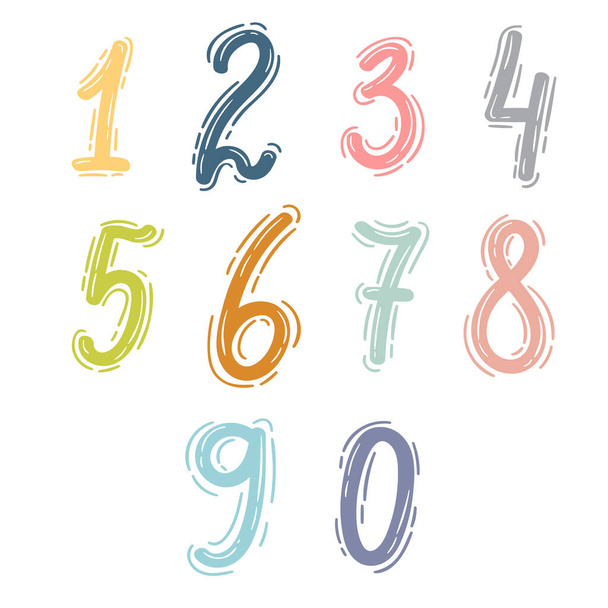 Набор вручную нарисовал десять чисел от нуля до девяти. Численность. В стиле Дудла. Векторная иллюстрация - Вектор,изображение