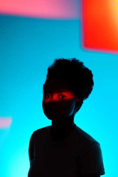 Dark fashion portrait of afro woman silhouette with high puff hairstyle and red neon light on face - Foto, Bild