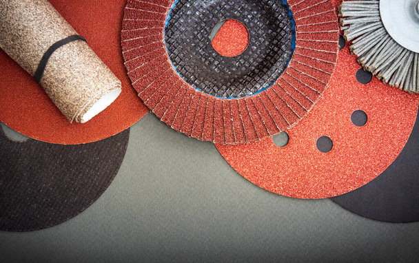 Big set of abrasive tools and sandpaper used for cleaning or grinding products. Industrial tools - Foto, Bild
