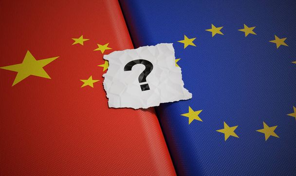 Σημαία Κίνας και Ευρωπαϊκής Ένωσης με ερωτηματικό. 3D αποτύπωση. - Φωτογραφία, εικόνα
